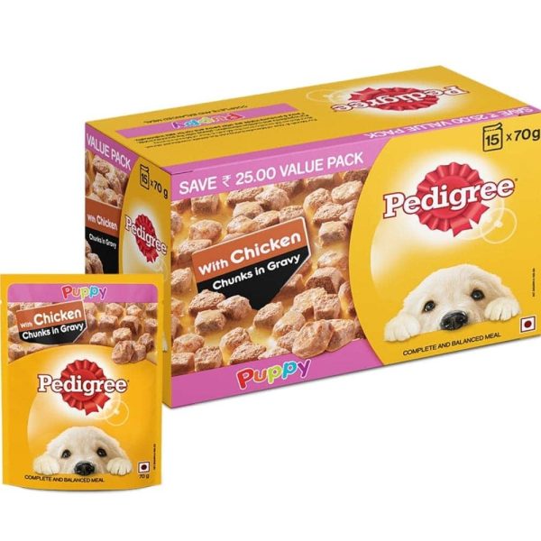 Pedigree Chicken Chunks in Gravy Pouch Puppy Wet Food and Chicken & Milk Puppy Dry Food Combo For Cheap