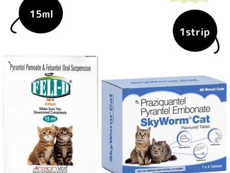 Areion Vet Feli D Kitten Deworming Suspension (15ml) and Skyec Skyworm Cat Tablet (pack of 4 tablets) Combo Hot on Sale