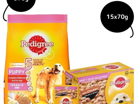 Pedigree Chicken Chunks in Gravy Pouch Puppy Wet Food and Chicken & Milk Puppy Dry Food Combo For Cheap