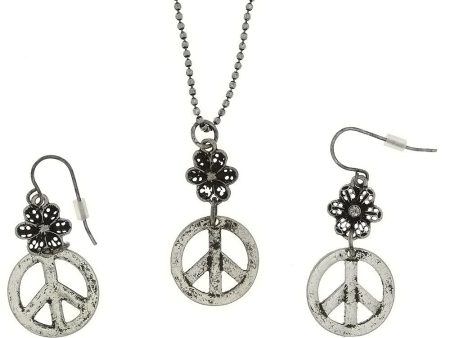 SET CHAIN CHARM PEACE SIGN & FLOWER EARRING & NECKLACE Fashion