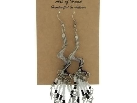 DANGLE THREAD WEAVE & SEED BEAD SPIRAL B & W EARRINGS Fashion