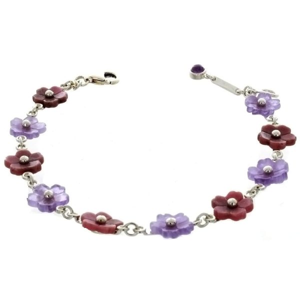 LINK RHODONITE & PURPLE JADE FLOWER SS BRACELET Cheap