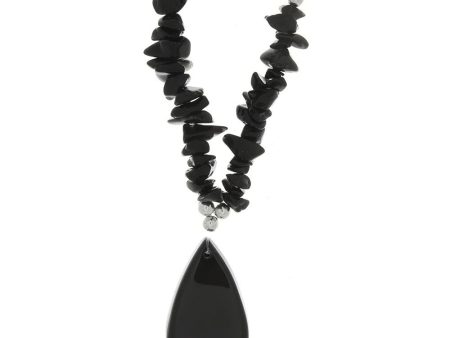 BEADED GEMSTONE BLACK STONE CHIP W  TEARDROP NECKLACE on Sale