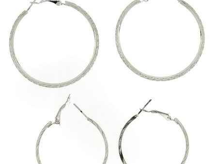 HOOP ETCHED SILVER EARRINGS (2 PR) For Sale